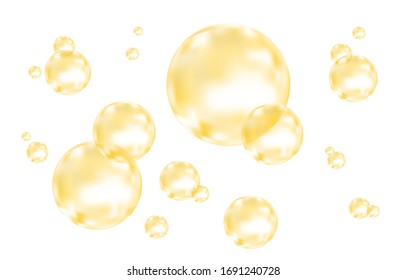 Set Of Realistic Glossy Gold  Bubbles   Isolated On White  Background. Golden Sphere. Vector  Texture.