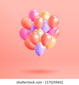 Set of realistic glossy helium balloons floating on pink background. Vector 3D balloons for birthday, party, wedding or promotion banners or posters. Vivid illustration in pastel colors.