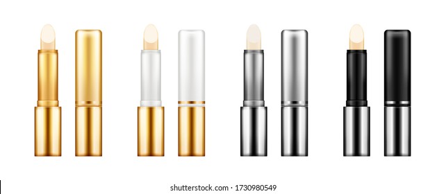 Set of realistic glossy lipstick tube with cap mockups - white, black, gold, silver. Plastic package design. Blank cosmetic and skin care template. Isolated 3d vector illustration