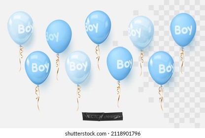 Set of realistic glossy, matte and transparent blue balloons with text boy and gold, golden ribbons. Vector illustration for card, gender reveal party, design, flyer, poster, banner, web. 