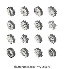 Set of realistic glossy metal gears in isometric view isolated on white