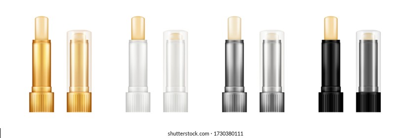 Set of realistic glossy tintless lipstick tube mockups with transparent cap - black, white, silver, gold. Plastic package design. Blank cosmetic and skin care template. Isolated 3d vector illustration