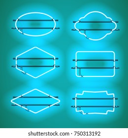 Set of realistic glowing blue neon frames isolated on transparent background. Shining and glowing neon effect. Every frame is separate unit with wires, tubes and holders. Vector illustration.