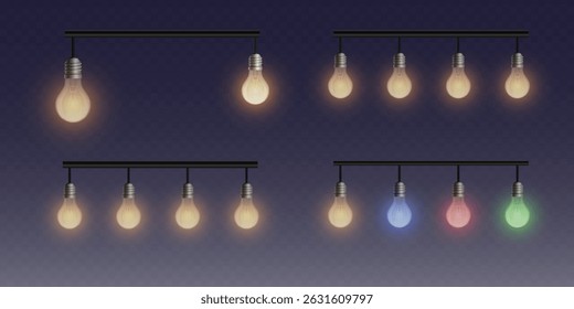 Set of realistic glowing colorful Christmas lights and bulbs and garlands.