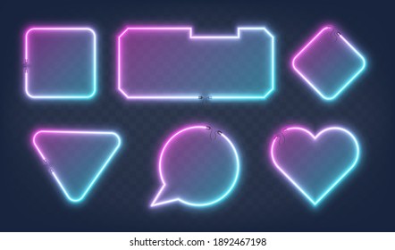 Set of realistic glowing different shapes neon frames isolated on transparent background. Shining and glowing neon effect. Vector illustration.