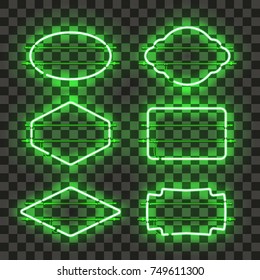 Set of realistic glowing green neon frames isolated on transparent background. Shining and glowing neon effect. Every frame is separate unit with wires, tubes and holders. Vector illustration.