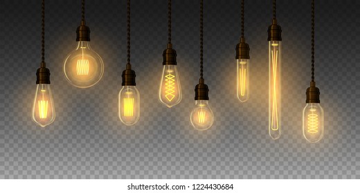Set of realistic glowing lamp hanging on the wire. Incandescent lamp. Vector