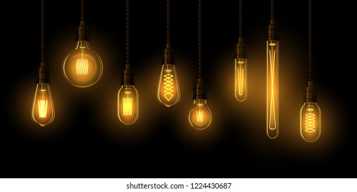 Set of realistic glowing lamp hanging on the wire. Incandescent lamp. Vector