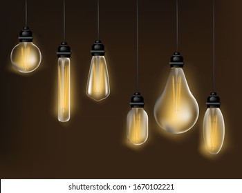 Set of realistic glowing lamp hanging on the wire. Incandescent lamp.