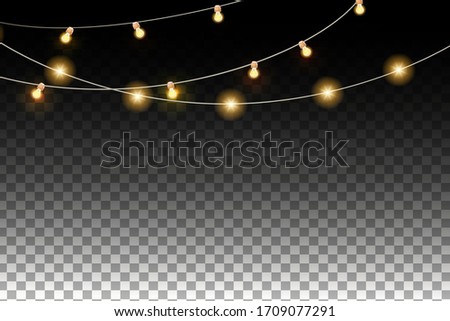 Set of realistic glowing lamp hanging on the wire. Incandescent lamp. Vector
