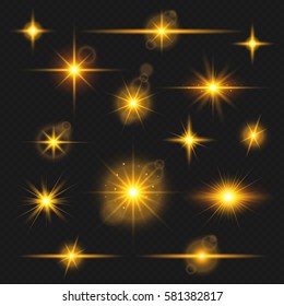 Set of realistic glowing light effect stars bursts with sparkles. Gold light effect. Transparent stars. Vector illustration