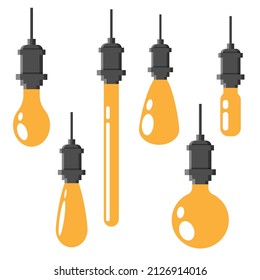 Juego de luces brillantes realistas colgando de un cable. Vector de lámpara incandescente con fondo blanco