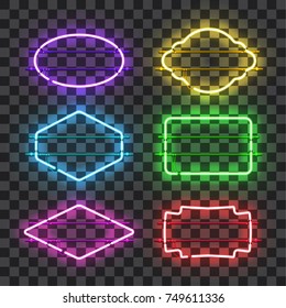 Conjunto de marcos realistas de neón brillantes de diferentes colores aislados en fondo transparente. Efecto neón brillante y brillante. Cada bastidor es una unidad independiente con cables y tubos. Ilustración vectorial.