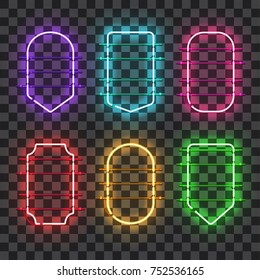 Set of realistic glowing neon frames of different colors isolated on transparent background. Shining and glowing neon effect. Every frame is separate unit with wires and tubes. Vector illustration.