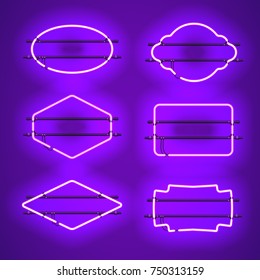 Set of realistic glowing purple neon frames isolated on transparent background. Shining and glowing neon effect. Every frame is separate unit with wires, tubes and holders. Vector illustration.