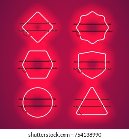 Set of realistic glowing red neon frames isolated on transparent background. Shining and glowing neon effect. Every frame is separate unit with wires, tubes and holders. Vector illustration.