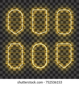 Set of realistic glowing yellow neon frames isolated on transparent background. Shining and glowing neon effect. Every frame is separate unit with wires, tubes and holders. Vector illustration.