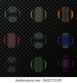 Set of realistic glows, spheres, soap bubbles with different colors and reflections, located on a transparent checkered background. Vector illustration EPS10.