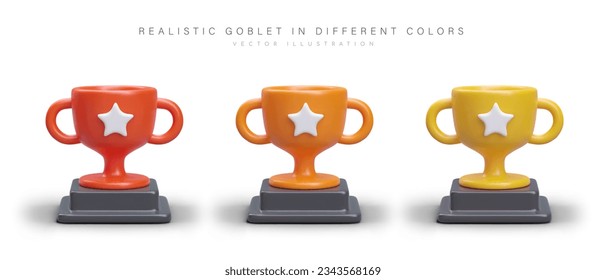 Set of realistic goblets on stand. Prize bowls of different colors. Commemorative award for winner. Red, orange, yellow cup with star, symbol of victory. Top win