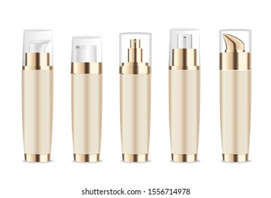 Set of realistic gold bottles with pump dispenser or spray. Beauty product mock up isolated on white. Vector