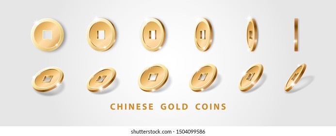 Conjunto de monedas chinas de oro realistas con agujero aislado en un fondo blanco. Elementos decorativos para el diseño oriental de Año Nuevo. Talisman por la riqueza y la prosperidad en Feng Shui. Ilustración del vector