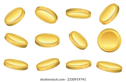 conjunto de monedas de oro realistas aisladas o cripto moneda de oro o moneda digital bitcoin ilustración o moneda de pago digital etherum litecoin dogecoin al concepto de luna. vector de pasos