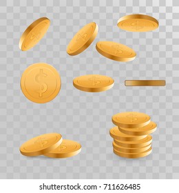 Set Realistic Gold coins explosion. Isolated on transparent background.