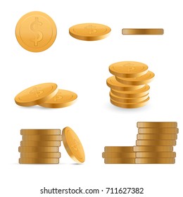 Set Realistic Gold coins explosion. Isolated on transparent background.
