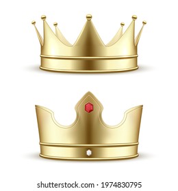 Set of realistic gold crown decorated by design elements vector illustration. Luxury headdress for king and queen with red white jewel isolated. Royal noble aristocrat monarchy medieval headgear