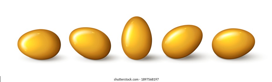 Juego de huevos de oro realistas de fondo blanco. Huevos de oro realistas en diferentes posiciones. Ilustración vectorial con objetos decorativos 3d para el diseño de Pascua.