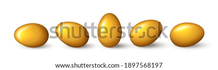 Set of realistic gold eggs white background. Realistic golden eggs in different positions. Vector illustration with 3d decorative objects for Easter design.