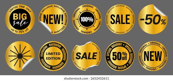 Set realistic gold foil torn crumpled sticker, label, tag, mockup with metallic effect. Isolated Shiny golden emblem, New, 50% off, Best offer, deal, Sale, buy now, Discount Vector EPS10

