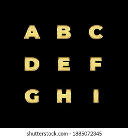 Set von realistischen goldenen glänzenden Alphabeten auf schwarzem Hintergrund. Großbuchstaben A, B, C, D, E, F, G, H und I. Vektorgrafik geeignet für Feiern, Geburtstag, Jubiläum, Neujahr, Hochzeit, Feiern