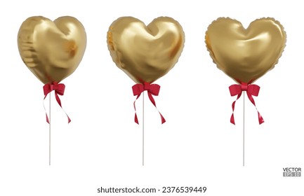 Set of realistic gold heart balloons with red rbbon isolated on background. Helium golden heart balloons clipart for anniversary, birthday, wedding, Christmas, card  party. 3D vector illustration