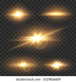 Set Realistic gold lens flares star lights and glowing  burst explosion on transparent background. vector illustration