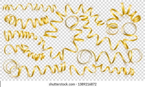 Set of realistic gold ribbons on transparency background. Vector illustration. Can be used for greeting card, holidays, banners, gifts and etc.