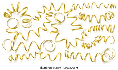 Set of realistic gold ribbons on white background. Vector illustration. Can be used for greeting card, holidays, banners, gifts and etc.