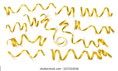 Set of realistic gold ribbons on white background. Can be used for greeting card, holidays, banners, gifts and etc. Vector illustration.