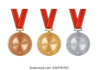 Medallas reales vacías de oro, plata y bronce en cintas rojas. Concursos deportivos para el primer, segundo y tercer lugar. Premios de campeonato por victorias y logros.