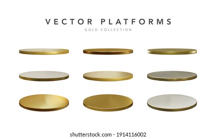 Set of realistic gold stage podium. Round winner pedestal. 3d empty platform. Vector illiustration