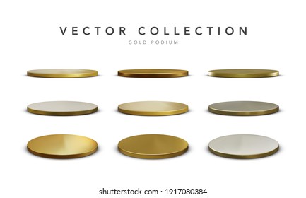 Set of realistic gold stage podium with shadow isolated on white background. Round winner pedestal. 3d empty platform. Vector illiustration