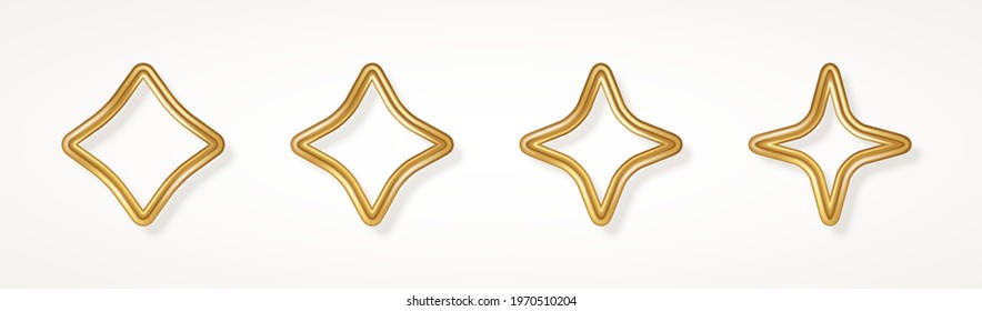 Set of realistic golden 3d four point stars isolated on white background. Vector illustration. 4 ray icon frame for Happy New Year 2022, Merry Christmas badge design.