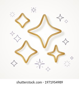 Set of realistic golden 3d and line flat four point stars isolated on white background. Vector illustration. 4 ray icon emblem for Happy New Year 2022, Merry Christmas badge design.