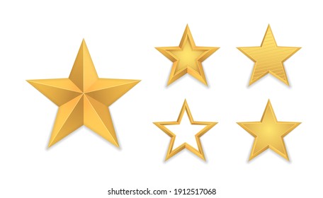 Set Of Realistic Golden 3D Star. Glossy Christmas Yellow 3D Star Trophy Icon. Leadership Symbol. Design Elements For Holidays. Shiny Yellow Metal Badge Or Medal Template. Vector Illustration, Eps 10.