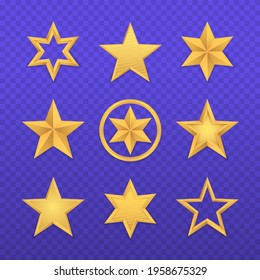 Set of realistic golden 3D star. Glossy Christmas yellow 3D star trophy icon. Leadership symbol. Design elements for holidays. Shiny yellow metal badge or medal template. Vector illustration, eps 10.