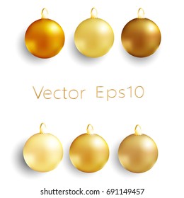 set of realistic Golden balls on white background.Christmas tree decoration