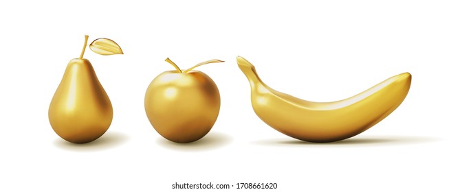 Set realistic golden banana, apple and pear isolated on white background. 3D template for products, advertizing, web banners, leaflets. Vector illustration