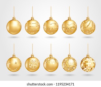 Set of realistic golden Christmas balls with different patterns of sequins. Vector illustration