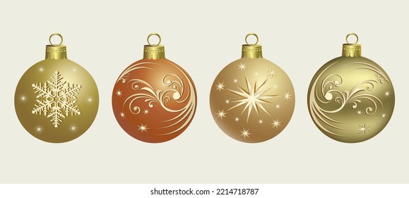 A set of realistic golden Christmas balls with pattern on light background. Isolated vector elements for stickers, posters, new year postcards, design elements. 