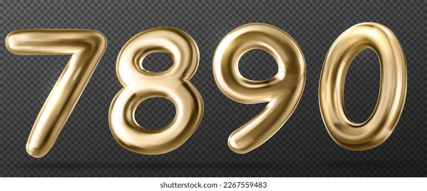 Set of realistic golden chrome numbers isolated on transparent background. Vector illustration of glossy yellow 7, 8, 9, 0 balloon figures png. Decoration for anniversary, birthday, holiday card